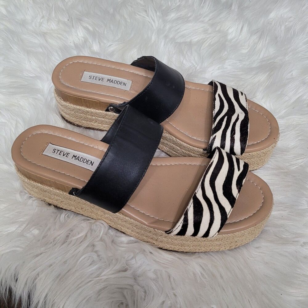 Steve Madden Platform Zebra Print Buckle Leather Hemp Sandals Size 9